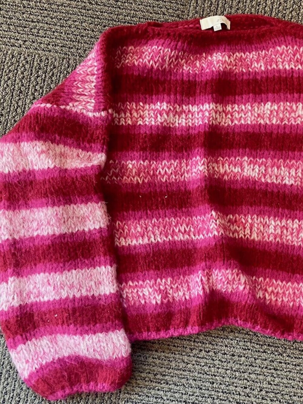 Pinch burgundy & pink striped fuzzy boatneck sweater.